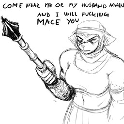 angry anthro breasts dialogue female mace melee_weapon profanity scar solo text threatening threatening_with_weapon weapon hladilnik catherine_(hladilnik) domestic_cat felid feline felis mammal 1:1 black_and_white english_text hi_res monochrome