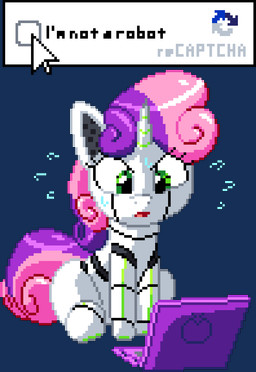 anthro bodily_fluids computer electronics female feral green_eyes hair hesitation horn laptop machine pink_hair pink_tail purple_hair purple_tail solo sweat sweatdrop tail white_body pabbley tihan_(artist) captcha friendship_is_magic hasbro my_little_pony mythology sweetie_belle_(mlp) sweetie_bot_(mlp) equid equine mammal mythological_creature mythological_equine robot unicorn alpha_channel digital_media_(artwork) hi_res pixel_(artwork)