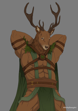 anthro antlers bedroom_eyes brown_body brown_fur druid fantasy fur grey_background horn leaf leaves_on_body looking_at_viewer magic_user male muscular muscular_anthro muscular_male narrowed_eyes pose seductive simple_background solo text tribal_spellcaster witchydawgart cervine deer mammal 2025 artist_name digital_media_(artwork) hi_res pinup