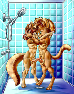 4_toes 5_fingers adolescent adolescent_on_adolescent anthro balls bathing bathroom blue_eyes bodily_fluids brown_eyes brown_hair brown_nose claws closed_smile digitigrade erection eye_contact eyebrow_through_hair eyebrows feet finger_claws fingers fur genital_fluids genitals glans hair hand_on_another's_head humanoid_genitalia humanoid_penis looking_at_another male male/male markings mouth_closed nipples nude nude_anthro nude_male penile penis penises_touching pink_nose pink_penis precum shower shower_head showering showering_together side_view smile spots spotted_body spotted_fur standing suds tail tan_body tan_fur tile tile_wall toe_claws toes translucent translucent_hair wall_(structure) water young young_anthro young_male young_on_young zooshi felid feline mammal 2023 hi_res