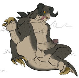 3_toes anthro anus balls bodily_fluids claws cum erection feet genital_fluids genitals horn humanoid_genitalia humanoid_penis looking_at_viewer male nude penis precum presenting semi-anthro simple_background sitting solo spread_legs spreading tail toe_claws toes tongue tongue_out vein veiny_penis white_background yellow_eyes iriedono fallout microsoft deathclaw scalie 2016 digital_media_(artwork)