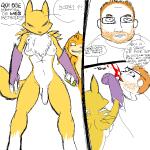 anthro balls blood blue_eyes bodily_fluids breasts chest_tuft clothing flaccid foreskin fur genitals gloves grey_sclera group gynomorph hair handwear intersex navel nipples penis punch text tuft white_body white_fur yellow_body yellow_fur darkdoomer bandai_namco digimon micka patachu canid canine digimon_(species) human mammal renamon 1:1 aliasing digital_media_(artwork) french_text oekaki translated