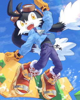 anthro black_body black_fur blue_sweatshirt boots bottomwear clothing eyewear eyewear_on_head footwear fur gloves goggles goggles_on_head handwear kemono male open_mouth pants red_boots red_clothing red_footwear shoes snowboard snowboarding solo yellow_clothing yellow_eyes yellow_gloves yellow_handwear young young_anthro young_male amber_graygamma bandai_namco klonoa_(series) klonoa 2023 hi_res japanese_description
