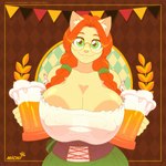 alcohol anthro beer beverage big_breasts breasts clothing dress eyewear female glasses holidays huge_breasts nipple_outline solo twintails_(hairstyle) galacticmichi oktoberfest katrina_fowler felid feline mammal animated