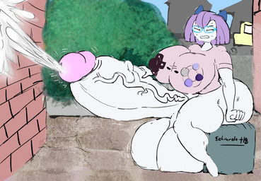 areola areola_outline balls big_areola big_balls big_breasts big_butt big_nipples big_penis black_eyebrows blue_sky blus_glasses bodily_fluids bottomless breasts butt clothed clothing cum ejaculation excessive_cum excessive_genital_fluids eyebrows eyes_closed genital_fluids genitals glans grey_clothing grey_shirt grey_topwear gynomorph hair hand_on_own_penis hand_on_penis huge_areola huge_balls huge_breasts huge_nipples huge_penis hyper hyper_balls hyper_genitalia hyper_penis intersex motion_lines nerd nipple_outline nipples not_furry outside penis pink_glans plant purple_hair shirt shirt_only shrub sky solo sweat thick_thighs tight_clothing topwear topwear_only vein veiny_penis white_body eduardot18 nintendo pokemon super_nintendo tifa_(reathe) generation_3_pokemon humanoid kirlia pokemon_(species) 2026 colored digital_media_(artwork) flat_colors hi_res signature