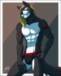 5_fingers abs anthro black_nose blonde_hair brown_background bulge clothed clothing fingers green_eyes grey_body grey_skin grin hair hand_on_leg hand_on_thigh looking_at_viewer male multicolored_body multicolored_skin muscular muscular_anthro muscular_male pose simple_background smile solo standing topless two_tone_body two_tone_skin underwear white_body white_skin feralise brian_hart canid canine canis mammal wolf 2018