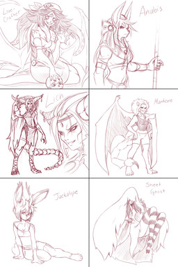 3_eyes accessory animal_legs anthro antlers barefoot bedding belt black_sclera blanket bone bone_tail bracelet breasts cape chest_tuft claws cleavage clothed clothing dipstick_ears ear_markings ear_piercing feet female gloves group hands_on_hips handwear headband horn jewelry kerchief leg_wraps legwear looking_at_viewer markings membrane_(anatomy) membranous_wings midriff multi_eye multicolored_ears navel necklace piercing pseudo_hair simple_background sitting skull smile standing stinger stinger_tail stockings tail tentacle_hair tentacles text tuft webbed_hands white_background wings wraps plagueofgripes iranian_mythology middle_eastern_mythology mythology ashlyn_(plagueofgripes) lolo_(plagueofgripes) marron_(plagueofgripes) animal_humanoid canid canine canis felid felid_humanoid ghost humanoid jackal jackalope lagomorph lich mammal mammal_humanoid manticore manticore_humanoid pantherine spirit undead 2017 absurd_res english_text hi_res monochrome red_and_white
