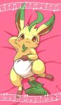 ambiguous_gender bedding blush brown_eyes clothed clothing diaper looking_at_viewer lying musical_note musical_symbol on_back simple_background solo suggestive_pose symbol tail wearing_diaper mei_(artist) nintendo pokemon eeveelution generation_4_pokemon leafeon pokemon_(species) digital_drawing_(artwork) digital_media_(artwork) shaded