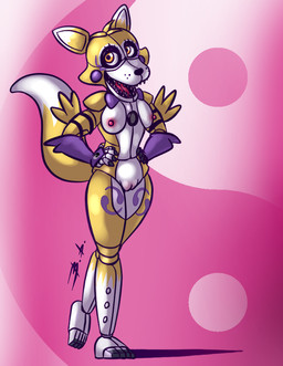 alternate_color anthro arm_warmers armwear black_nose bow_tie breasts clothing cosplay countershade_face countershade_torso countershading crossover_cosplay dipstick_ears dipstick_tail ear_markings eyelashes facial_markings female genitals hands_on_hips head_markings leg_markings looking_at_viewer machine markings mostly_nude multicolored_body multicolored_ears multicolored_tail nipples nude open_mouth purple_bow simple_background solo speaker standing tail tail_markings teeth thigh_markings two_tone_body vulva white_body yellow_body yellow_eyes bassybefuddle conditional_dnp bandai_namco digimon five_nights_at_freddy's scottgames sister_location funtime_foxy_(fnaf) animatronic canid canine digimon_(species) fox mammal renamon robot 2018 crossover digital_media_(artwork)