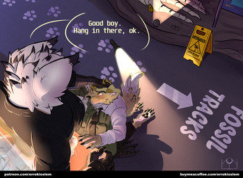 age_difference animal_genitalia anthro anthro_on_anthro avian_arms avian_feet bird's-eye_view bodily_fluids bottomwear canine_genitalia cargo_pants caution_sign clothing cum cum_drip cum_in_mouth cum_inside cum_on_face dressed_up dripping duo_focus feathered_tail feathers flashlight genital_fluids genitals good_boy group high-angle_view kneeling_oral_position knotting male male/male museum night oral oral_knotting oral_penetration pants penetration tail text errokioslem avian canid canine hybrid mammal adversarial_noise english_text url