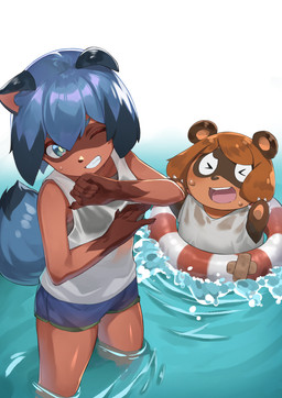 anthro biped blue_hair bottomwear breasts brown_body brown_fur brown_hair clothed clothing duo facial_markings female fur hair head_markings inflatable inner_tube markings mask_(marking) one_eye_closed open_mouth partially_submerged shirt shorts teeth topwear translucent translucent_clothing wet wet_clothing wet_shirt wet_topwear lizzy_imo brand_new_animal studio_trigger jackie_(brand_new_animal) michiru_kagemori canid canine mammal raccoon_dog tanuki 2020 hi_res