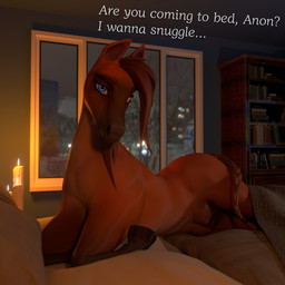 bed bedding bedroom bedroom_eyes blanket blue_eyes bookshelf brown_hair candlelight crotch_breasts dialogue female female_feral feral fur furniture hair hooves light lying mood_lighting narrowed_eyes nude orange_body orange_fur quadruped seductive solo teats text unguligrade whorse_3d equid equine horse mammal 1:1 3d_(artwork) absurd_res digital_media_(artwork) english_text hi_res