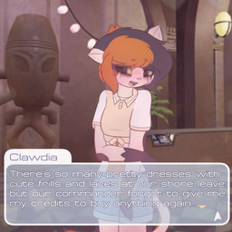 anthro blush bodily_fluids clothing dialogue female looking_at_viewer markings spots spotted_body talking_to_viewer tears text visual_novel_interface milnegake_cherret star_trek star_trek_online clawdia_calie_(milnegake_cherret) caitian calico_cat domestic_cat felid feline felis mammal 1:1 absurd_res english_text hi_res