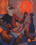 anthro biped blue_eyes brown_body brown_fur brown_hair coals eyewear fur glasses hair hookah male pawpads paws shisha sitting smoke smoking solo tail tobacco whiskers amara_telgemeier domestic_ferret mammal mustelid musteline true_musteline weasel 2011 4:5