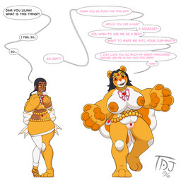 anthro before_and_after big_breasts black_hair blush breast_expansion breasts brown_body brown_skin button_(fastener) button_eyes cursed_object dialogue expansion female fingerpads genitals hair human_to_anthro human_to_inanimate inanimate_transformation leaking_vagina looking_at_viewer mind_alteration nipples on_one_leg open_mouth orange_body pawpads plushie plushification ribbons seam_(sewing) simple_background smile solo species_transformation standing surprised teddy_bear text transformation transformation_through_magic vulva white_background thedarkjudge96 animate_inanimate bear human mammal 2026 absurd_res digital_media_(artwork) english_text hi_res