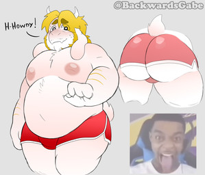 aged_down anthro areola arm_hair beard belly big_butt blonde_hair blush bodily_fluids body_hair bottomwear bulge butt clothing facial_hair fur hair hairy horn hotpants male mature_male moobs nervous nipples overweight overweight_male pink_areola shorts solo sweat sweatdrop thick_thighs white_body white_fur backwardsgabe flightreacts undertale_(series) asgore_dreemurr bovid caprine goat mammal absurd_res digital_drawing_(artwork) digital_media_(artwork) hi_res meme multiple_images