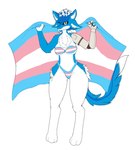 3_toes 4_ears anthro bikini blep blue_body blue_feathers blue_tail blue_tongue breasts chest_tuft clothing cybernetic_arm cybernetic_limb feathers feet female flag flag_(object) head_crest holding_flag holding_object lgbt_pride looking_at_viewer multi_ear multicolored_bikini multicolored_clothing multicolored_swimwear non-mammal_breasts one_eye_closed pattern_clothing pride_color_bikini pride_color_clothing pride_color_flag pride_color_swimwear pride_colors simple_background solo striped_clothing stripes swimwear tail toes tongue tongue_out transgender_pride_colors tuft two-piece_swimsuit white_background white_body white_breasts white_feathers wingless_avian wink mangakitsune2 daro_silvertail alien avali avian hi_res trans_(lore) trans_woman_(lore)