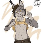 anthro brown_hair clothed clothing fur hair looking_at_viewer male shirt smile solo t-shirt text topwear yellow_eyes kristhelynx rocky_(xleborezka) felid feline lynx mammal 1:1 2024 digital_media_(artwork) english_text