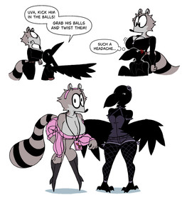 alternative_fashion angry anthro armband beak big_breasts big_butt black_clothing bodily_fluids bodysuit boob_hat boots breasts butt casual_clothing cellphone clothed clothing confuse cross-popping_vein duo electronics female female_anthro femme_fatale fishnet_clothing fishnet_legwear footwear fur gesture hand_gesture high_heeled_boots high_heels huge_breasts jewelry legwear markings necklace nervous nervous_look nervous_sweat non-mammal_breasts open_beak open_mouth phone pointing pose pouch_(clothing) raccoon_tail shocked shoes simple_background skinsuit small_breasts solo spiked_armband spikes spread_wings stripes sweat sweater tail tail_markings tall_female tall_girl text thief tight_clothing topwear white_background wings diegutan carmen_the_crow uva_the_raccoon avian bird corvid corvus_(genus) crow mammal oscine passerine procyonid raccoon aliasing binary_drawing digital_drawing_(artwork) digital_media_(artwork) english_text hi_res