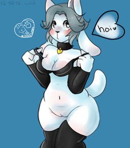 anthro anthrofied armwear blue_background blush bra breasts cleavage clothed clothing collar female fur genitals grey_hair hair heart_eyes heart_symbol legwear navel short_hair simple_background solo thigh_highs underwear vulva white_body white_fur kittyflipper undertale undertale_(series) temmie_(undertale) mammal tem 2015