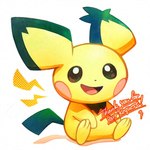 ambiguous_gender anthro black_eyes looking_at_viewer open_mouth paws simple_background sitting solo tail text tongue yellow_body meifordart nintendo pokemon spiky-eared_pichu generation_2_pokemon pichu pokemon_(species) 1:1 2024 english_text signature