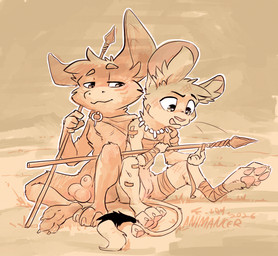 animal_genitalia anthro athletic athletic_female balls bandage bottomless breasts cape clothed clothing duo female fur genitals jewelry male markings melee_weapon necklace polearm sheath side_hug simple_background sitting small_breasts spear tan_body tan_fur tongue tongue_out tribal tribal_clothing tribal_markings vulva weapon white_body white_fur animancer luck_(animancer) turo_of_akesh dipodid jerboa mammal rodent wingless_bat 2026 hi_res monochrome sepia