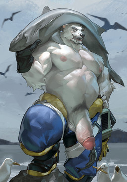 balls body_hair boots bottomwear clothing eyebrows fangs footwear fur genitals glans happy_trail humanoid_genitalia humanoid_penis looking_at_viewer male muscular muscular_male nipples outside pants pecs penis pubes shoes solo teeth white_body white_fur wball ambient_bird aquatic avian bear bird fish gull lari larid mammal absurd_res hi_res