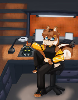 anthro breasts brow_hair brown_body chair clothing computer crop_top detailed_background electronics female furniture laptop machine shirt sitting solo topwear amoni_(artist) mammal robot rodent sciurid hi_res