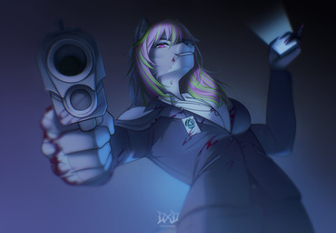 5_fingers anthro badge black_nose blazer blood blood_on_arm blood_on_chest blood_on_clothing blood_on_face blood_on_hand blood_on_object blood_on_weapon blood_splatter bodily_fluids bottomwear button_(fastener) clothed clothing collared_shirt dress_shirt ear_piercing ear_ring electronics eyebrows eyelashes female fingers fully_clothed fur gradient_background green_hair grey_body grey_clothing grey_fur gun hair handgun holding_gun holding_object holding_phone holding_ranged_weapon holding_weapon looking_at_viewer looking_down low-angle_view multicolored_hair nails number pants phone piercing pistol pointing_gun pointing_gun_at_viewer pointing_weapon_at_viewer purple_eyes purple_hair ranged_weapon ring_piercing shirt simple_background smile solo teeth text topwear weapon white_clothing white_shirt white_topwear deedrake canid canine canis mammal wolf 2025 artist_name digital_media_(artwork) portrait shaded signature three-quarter_portrait