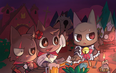 ambiguous_anthro ambiguous_gender anthro bell bell_collar black_body black_fur bodily_fluids candle clothing collar container cup detailed_background eye_scar facial_scar fire food fur furniture group head_tuft maid_uniform mug open_mouth open_smile scar smile sweat sweatdrop table trio_focus tuft uniform weeruka cult_of_the_lamb massive_monster_(studio) aym_(cult_of_the_lamb) baal_(cult_of_the_lamb) narinder ratau_(cult_of_the_lamb) domestic_cat felid feline felis mammal murid murine rat rodent 2024 absurd_res digital_drawing_(artwork) digital_media_(artwork) hi_res