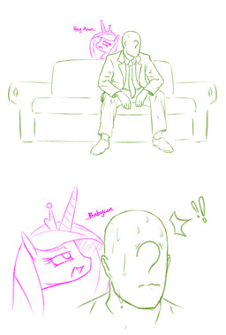 clothed clothing dialogue duo exclamation_point female furniture hair horn male sitting sofa suit text raridashdoodles friendship_is_magic hasbro my_little_pony mythology anon princess_cadance_(mlp) equid equine human mammal mythological_creature mythological_equine unicorn english_text hi_res restricted_palette