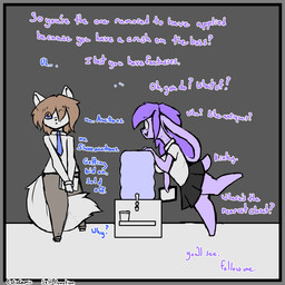 anthro duo female gossip male male/female teasing text water_cooler workplace culixcupric domestic_cat felid feline felis lagomorph leporid mammal rabbit 1:1 english_text