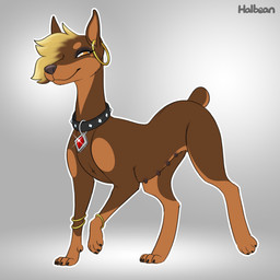 4_toes blonde_hair bracelet brown_body brown_fur claws collar dewclaw digitigrade ear_piercing ear_ring eyebrows feet female female_feral feral fur grey_background hair happy jewelry looking_at_viewer markings multi_nipple multicolored_body multicolored_fur nipples paws piercing ring_piercing short_tail simple_background smile solo tail toe_claws toes two_tone_body two_tone_fur white_background yellow_eyes halbean pepper_(halbean) canid canine canis dobermann domestic_dog mammal pinscher 1:1 2021 absurd_res digital_drawing_(artwork) digital_media_(artwork) hi_res