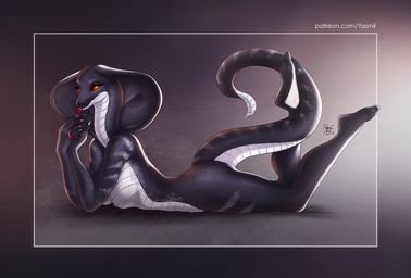 anthro black_body breasts butt feet female forked_tongue looking_at_viewer nipples non-mammal_breasts nude plantigrade pupils simple_background slit_pupils snake_hood solo stripes sun tail toes tongue white_body yasmil faeliry cobra reptile scalie snake digital_media_(artwork)
