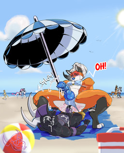anthro beach big_penis bikini bodily_fluids bulge clothing collar cum cum_while_penetrated duo ejaculation genital_fluids genitals jockstrap male outside_sex penetration penis sex swimwear two-piece_swimsuit underwear mr.brapion mythology brapion conroy canid canine canis domestic_dog dragon felid fox kangaroo lion lizard macropod mammal marsupial mythological_creature mythological_scalie pantherine procyonid raccoon reptile scalie hi_res