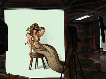abs breasts camera female furniture light_box living_hair muscular muscular_female nude photo_shoot photographer pseudo_hair snake_hair solo stool zarzaliel european_mythology greek_mythology mythology medusa humanoid reptile scalie snake absurd_res hi_res