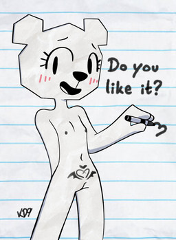 anthro blush blush_lines body_writing dialogue female genitals gesture hand_gesture looking_at_viewer marker nipples open_mouth paper_background pubic_tattoo solo tattoo teasing text vulva white_body young young_anthro young_female krackdown9 cartoon_network the_amazing_world_of_gumball teri_(tawog) bear mammal paper_creature english_text hi_res