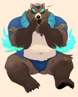 anthro asian_clothing blue_clothing blue_fundoshi blue_underwear broad_shoulders brown_body brown_fur butt butt_from_the_front clothed clothing drinking drinking_tea east_asian_clothing eyes_closed fire front_view fundoshi fur golden_claws japanese_clothing male neck_tuft onomatopoeia open_clothing open_robe overweight overweight_male paws pseudo_eyebrows robe sitting solo sound_effects text tuft underwear bennycartoonist league_of_legends riot_games tencent spirit_blossom_springs_volibear volibear bear mammal absurd_res full-length_portrait hi_res portrait