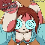 1:1 absurd_res anthro areola areola_slip blue_clothing blue_topwear breasts brown_hair cleavage clothed clothing dialogue eyewear female floppy_ears fur generation_3_pokemon glasses hair hi_res looking_at_viewer lop_ears nintendo nipple_slip nipples pink_areola pink_body pink_fur pink_nipples pink_spots pokemon pokemon_(species) round_glasses solo spinda spiral_eyes spots supermoonshroom talking_to_viewer tan_body tan_fur text topwear
