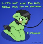 annoyed anthro bdsm bondage bound dialogue embarrassed female fur green_body green_fur homophobic_slur imminent_sex leash nude solo text tsundere kumakum hasbro my_little_pony anon anon-mare filly_anon equid equine horse mammal pony english_text hi_res