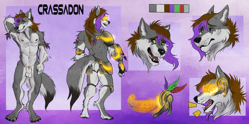 animal_genitalia anthro armor balls brown_hair color_swatch fangs front_view fur genitals green_eyes grey_body grey_fur hair long_hair male male_anthro mouth_closed nude open_mouth penis penis_tip purple_hair rear_view red_tongue sheath solo standing teeth tongue white_balls white_body white_fur white_sheath chumbasket crassadon canid canine mammal absurd_res hi_res model_sheet