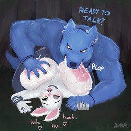 anthro big_breasts bite_mark bite_mark_on_breast black_nails blush bracelet breast_grab breast_squeeze breasts choker colored_nails dialogue duo ear_piercing ear_ring female forest green_eyes grey_hair hair hand_holding hand_on_breast heart_symbol huge_breasts jewelry lying male muscular muscular_male nails narrowed_eyes necklace night on_ground one_eye_closed piercing pinned plant predator/prey red_eyes ring ring_piercing squeezing text tongue tongue_out tooth_necklace tree white_hair deepmovth snowe canid canine canis lagomorph leporid mammal rabbit wolf 1:1 english_text hi_res