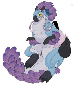 accessory ambiguous_gender arm_feathers beak blue_body blue_scales bridle button_(fastener) button_eyes claws fabric feathers feral flower flower_in_hair hair hair_accessory horn plant plushie plushie-like purple_body purple_feathers saddle saddle_bag scales seam_(sewing) simple_background solo tail tail_feathers tongue tongue_out white_background white_body white_scales razewinged capcom monster_hunter animate_inanimate bird_wyvern living_plushie monster scalie seikret hi_res