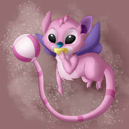 3_toes antennae_(anatomy) black_eyes blue_nose dipstick_antennae feet fluffy fur markings multicolored_antennae object_in_mouth pacifier pacifier_in_mouth pink_body pink_fur purple_wings rattle_(anatomy) simple_background solo striped_markings striped_tail stripes tail tail_markings toes wings bamboo_grove_(artist) disney lilo_and_stitch babyfier alien experiment_(lilo_and_stitch) 1:1 2020 hi_res watermark
