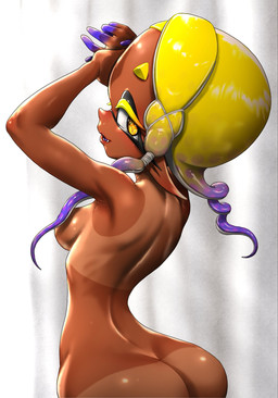 back_groove breasts butt convenient_censorship dark_body dark_skin eyebrows eyelashes female glistening glistening_breasts glistening_butt humanoid_pointy_ears nude pointy_ears pseudo_hair side_boob solo suntan tan_line tentacle_hair tentacles yellow_eyes koharuno2 nintendo splatoon frye_(splatoon) animal_humanoid aquatic cephalopod humanoid inkling mollusk mollusk_humanoid 2026 hi_res