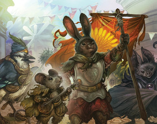 ambiguous_gender anthro armor beak blue_body breastplate brown_body brown_fur feathered_wings feathers fur group holding_banner holding_lute holding_object holding_staff leaf_clothing looking_at_viewer membrane_(anatomy) membranous_wings outside size_difference smile staff whiskers windmill wings cory_godbey hasbro magic:_the_gathering wizards_of_the_coast avian bat bird lagomorph leporid mammal mouse murid murine rabbit rodent official_art