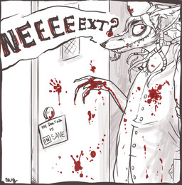 ambiguous_gender anthro blood bodily_fluids clothing cross door dreadlocks hand_print insane nurse nurse_clothing nurse_uniform solo teeth uniform oddbird lapfox_trax renard_queenston canid canine fox mammal