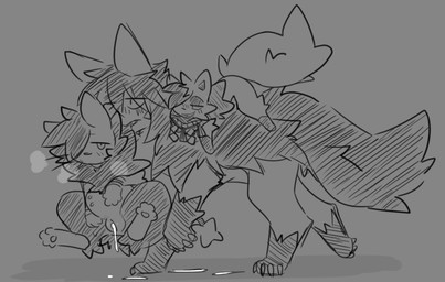 after_sex belly blush bodily_fluids carrying_another cum cum_drip cum_in_vagina cum_inside dripping female feral genital_fluids genitals group lifted lifted_by_scruff male male/female nipples paws simple_background size_difference smaller_male trio vaginal_fluids vulva walking walking_away shinyumbre nintendo pokemon fan_character generation_3_pokemon generation_4_pokemon generation_5_pokemon luxio mightyena pokemon_(species) shiny_pokemon zorua monochrome sketch
