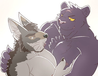 anthro barazoku body_hair chest_hair duo male male/male male_breastfeeding nails nipple_fetish nipple_play nipple_suck nipples pecs scar simple_background sucking whiskers white_eyes x_scar yellow_eyes wo echo_(series) echo_project the_smoke_room ray_(takemoto_arashi) william_adler canid canine canis coyote felid mammal pantherine