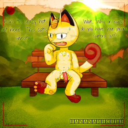 anthro armpit_hair balls bench bodily_fluids body_hair chest_tuft feet foot_fetish forest genitals light male penile_spines penis plant pubes public public_nudity recording sitting solo sunlight sunset sweat text tree tuft bananasecret nintendo pokemon felid generation_1_pokemon mammal meowth pokemon_(species) 1:1 digital_media_(artwork) english_text